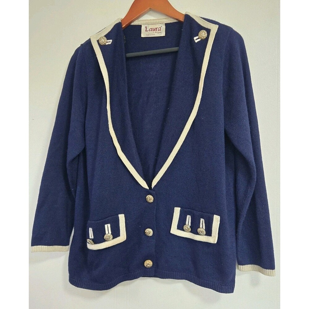 VTG Laura by Alyzia Cardigan Womens M Sweater Blue Knit Classic Old Money Preppy